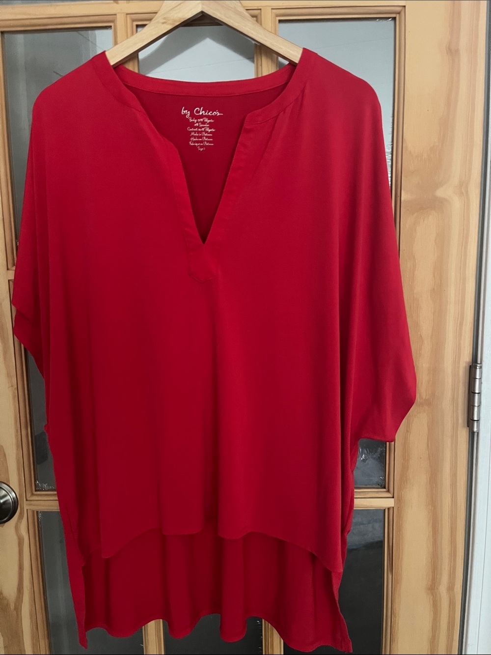 Chico's Red V-Neck Boxy oversized Short Sleeve High-Low Hem Tunic Size 2 Large